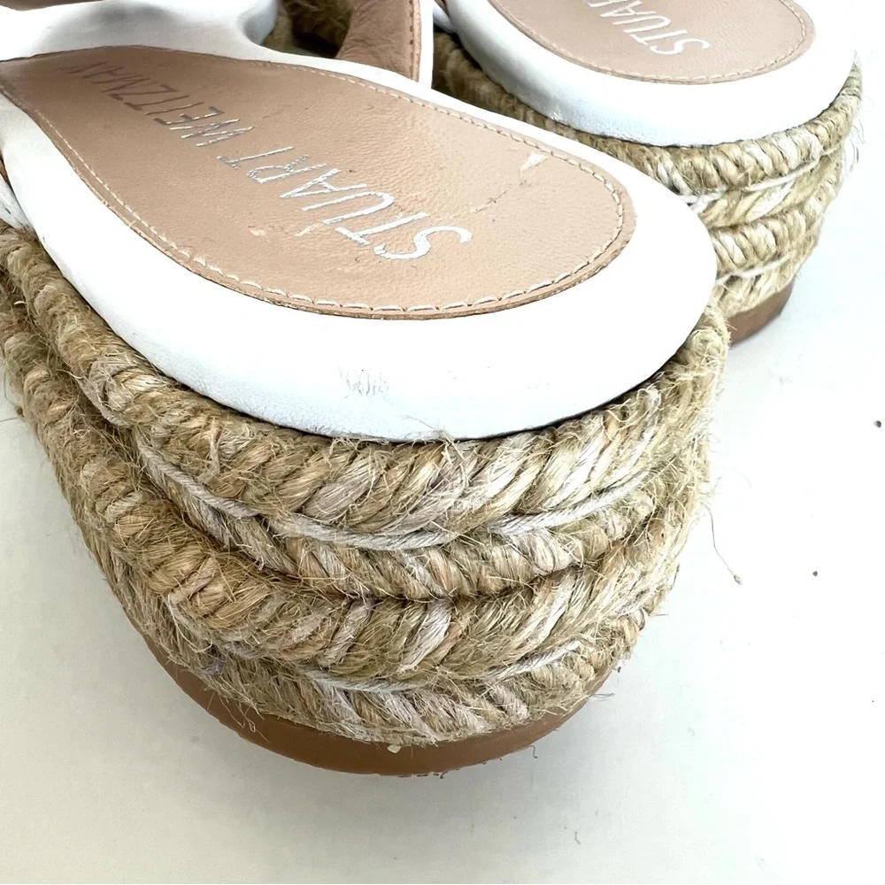 STUART WEITZMAN White Leather Pearl Buckle Thong Slip Espadrille Sandals Sz 6.5